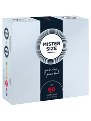 Caja de 36 preservativos Mister Size talla 60 mm extra fine, vista frontal con el escalado de tallas
