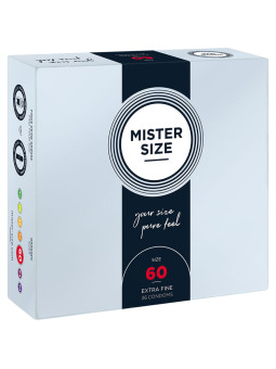 Caja de 36 preservativos Mister Size talla 60 mm extra fine, vista frontal con el escalado de tallas