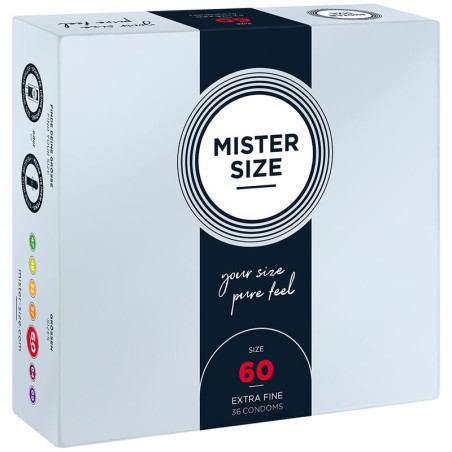 Caja de 36 preservativos Mister Size talla 60 mm extra fine, vista frontal con el escalado de tallas