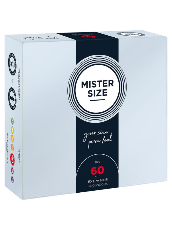 Caja de 36 preservativos Mister Size talla 60 mm extra fine, vista frontal con el escalado de tallas