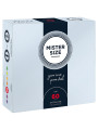 Caja de 36 preservativos Mister Size talla 60 mm extra fine, vista frontal con el escalado de tallas