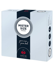 Caja de preservativos Mister Size 60 mm de tres cuartos, con el lema your size pure feel