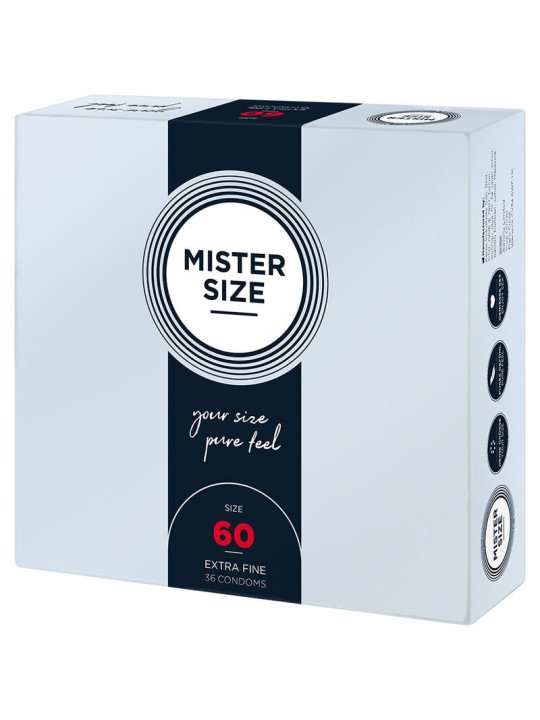 Caja de preservativos Mister Size 60 mm de tres cuartos, con el lema your size pure feel