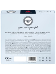 Reverso de la caja Mister Size 60 con la ficha técnica, el marcado CE 0120 y la norma ISO 4074