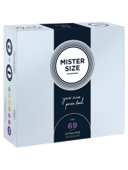 Caja de 36 preservativos Mister Size talla 69 mm extra fine, vista frontal