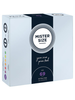 Caja de 36 preservativos Mister Size talla 69 mm extra fine, vista frontal