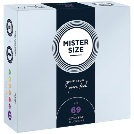 Caja de 36 preservativos Mister Size talla 69 mm extra fine, vista frontal