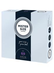 Mister Size 69 mm, caja de 36 preservativos extrafinos vista lateral con las tallas