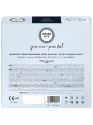 Reverso de la caja Mister Size 69: látex natural, sin espermicida, marcado CE e ISO 4074