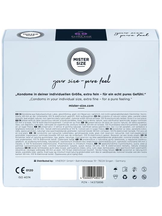 Reverso de la caja Mister Size 69: látex natural, sin espermicida, marcado CE e ISO 4074