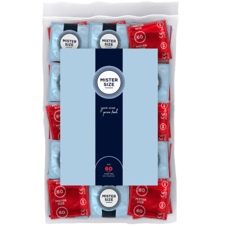 Bolsa de 100 preservativos Mister Size 60 mm talla XL con envoltorios individuales rojos y azules