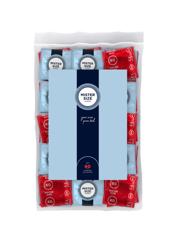 Bolsa de 100 preservativos Mister Size 60 mm talla XL con envoltorios individuales rojos y azules