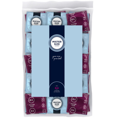 Bolsa de 100 preservativos Mister Size 64 mm talla XXL con envoltorios individuales granates y azules