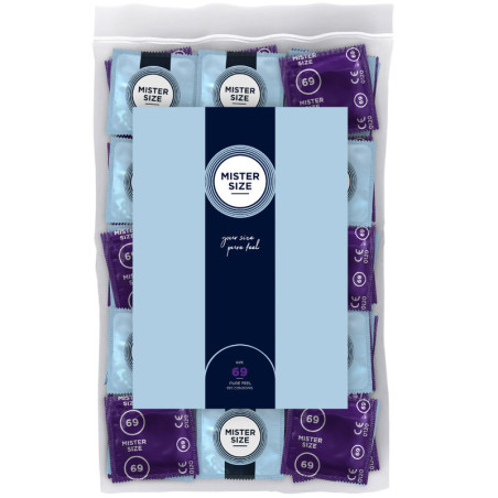 Bolsa de 100 preservativos Mister Size 69 mm talla XXXL con envoltorios individuales morados y azules