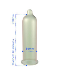 Medidas del preservativo Pasante Super King: 210 mm de largo, 69 mm de ancho y 65 micras de grosor
