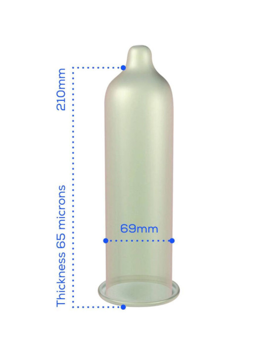 Medidas del preservativo Pasante Super King: 210 mm de largo, 69 mm de ancho y 65 micras de grosor