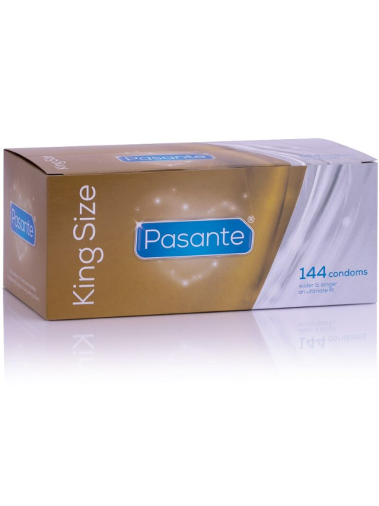Caja dorada de Pasante King Size con 144 preservativos más anchos y largos, vista de frente