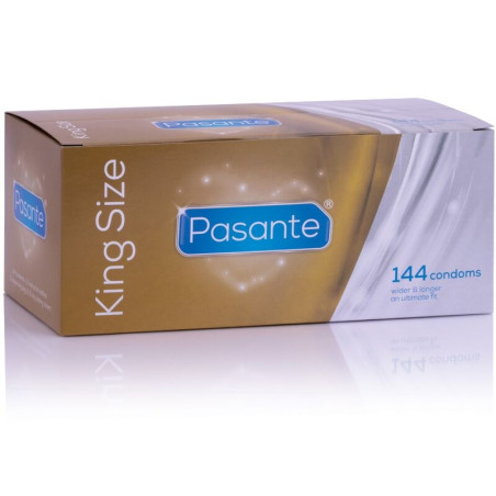 Caja dorada de Pasante King Size con 144 preservativos más anchos y largos, vista de frente