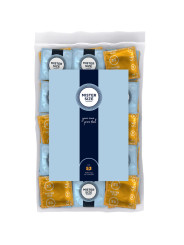 Bolsa de 100 preservativos Mister Size 53 con envoltorios azules y dorados y etiqueta 'your size, pure feel'
