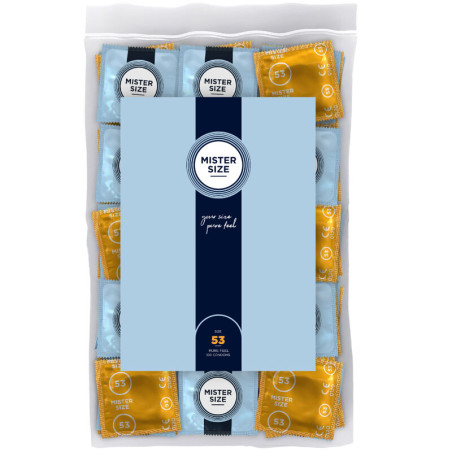 Bolsa de 100 preservativos Mister Size 53 con envoltorios azules y dorados y etiqueta 'your size, pure feel'