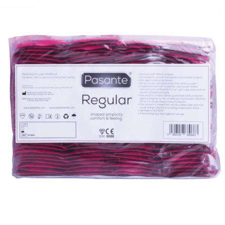 Bolsa a granel de 144 preservativos Pasante Regular con etiqueta de especificaciones y marcado CE