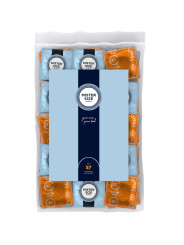 Bolsa de 100 preservativos Mister Size 57 con envoltorios azules y naranjas y etiqueta your size, pure feel