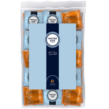 Bolsa de 100 preservativos Mister Size 57 con envoltorios azules y naranjas y etiqueta your size, pure feel