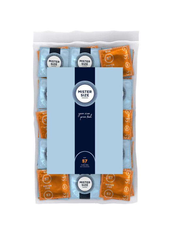 Bolsa de 100 preservativos Mister Size 57 con envoltorios azules y naranjas y etiqueta your size, pure feel