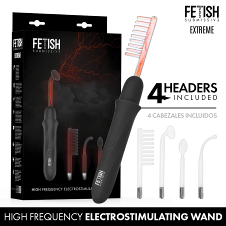 Wand de electroestimulación Fetish Submissive Extreme con su caja y los 4 cabezales de cristal incluidos