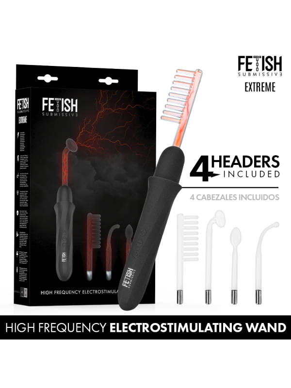 Wand de electroestimulación Fetish Submissive Extreme con su caja y los 4 cabezales de cristal incluidos