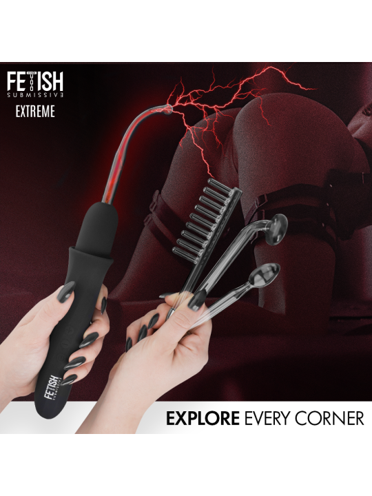 Mango de silicona negro del wand Fetish Submissive con cabezal curvo encendido y tres cabezales de cristal
