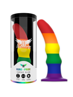 Dildo Kuno Pride Mythology con diseño arcoíris junto a embalaje cilíndrico
