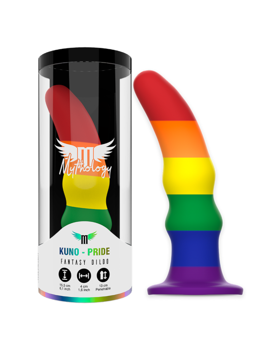 Dildo Kuno Pride Mythology con diseño arcoíris junto a embalaje cilíndrico