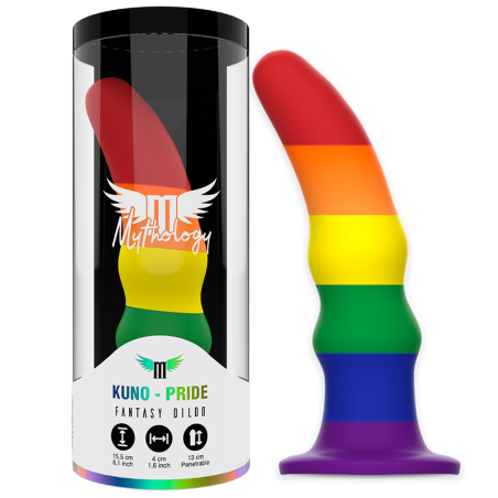 Dildo Kuno Pride Mythology con diseño arcoíris junto a embalaje cilíndrico