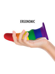 Sostenimiento ergonómico del consolador Pride multicolor en mano abierta
