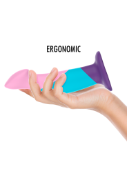 Dildo de silicona Garrick Pastel mostrando su forma ergonómica de tres colores