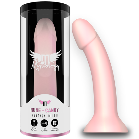 Dildo Mythology Rune Candy en silicona rosa dentro de cilindro de presentación con diseño de marca