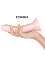 Consolador ergonómico rosa sostenido en mano mostrando forma curvada y base de succión