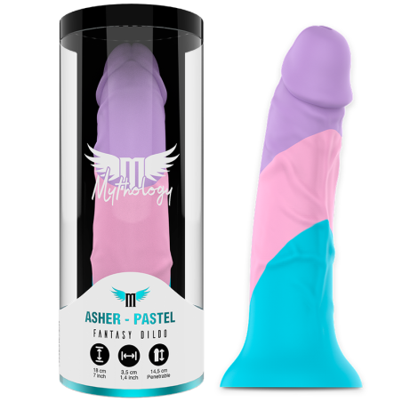 Dildo Asher Pastel en tubo de presentación con logo Mythology y especificaciones técnicas