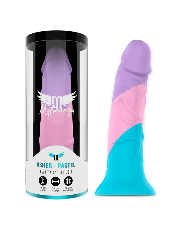 Dildo Asher Pastel en tubo de presentación con logo Mythology y especificaciones técnicas