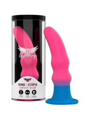 Dildo Mythology Kuno Utopia M rosa neón y azul con ventosa, dentro de su packaging negro y caja de cilindro transparente