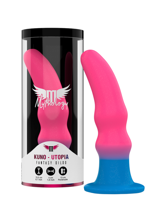 Dildo Mythology Kuno Utopia M rosa neón y azul con ventosa, dentro de su packaging negro y caja de cilindro transparente