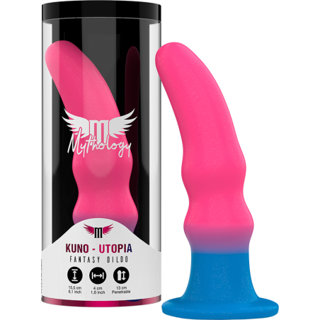 Dildo Mythology Kuno Utopia M rosa neón y azul con ventosa, dentro de su packaging negro y caja de cilindro transparente