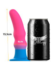 Especificaciones del dildo: 15,5 cm de largo total, 4 cm de diámetro, junto a lata de refresco para comparar tamaño real