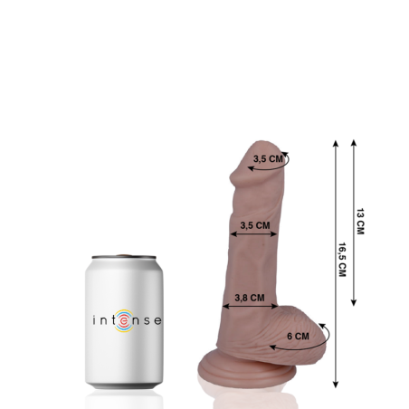 Mr. Intense 5 con medidas detalladas: 16.5 cm altura, 3.5 cm diámetro, base de 6 cm