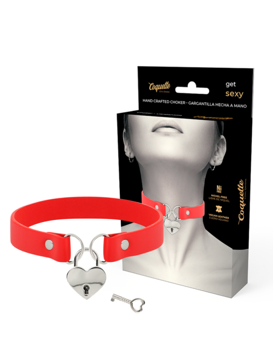 Coquette Chic Desire - Collar Cuero Vegano Rojo Accesorio Corazón con Llave