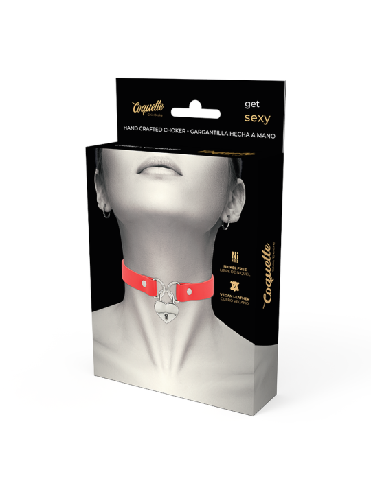 Coquette Chic Desire - Collar Cuero Vegano Rojo Accesorio Corazón con Llave