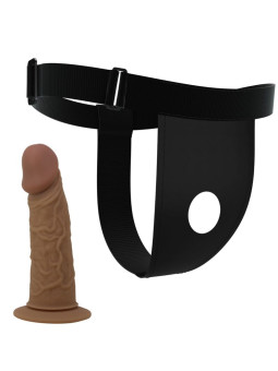 Arnés briefs strap-on negro con dildo de silicona marrón incluido, vista de perfil