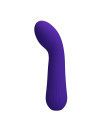 Vibrador Faun curvado en lila con punta redondeada, vista frontal tridimensional