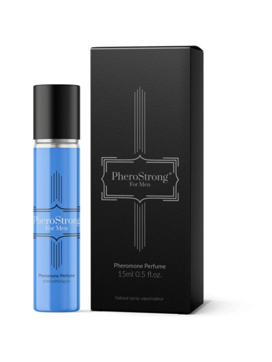 PheroStrong for Men 15 ml, frasco azul con vaporizador y estuche negro del perfume con feromonas